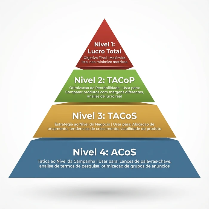 Diagrama de piramide hierarquica mostrando quatro niveis de metricas Amazon PPC de baixo para cima: ACoS para otimizacao tatica ao nivel da campanha como lances de palavras-chave, TACoS para decisoes estrategicas ao nivel do negocio como alocacao de orcamento, TACoP para otimizacao de rentabilidade comparando produtos com margens diferentes, e Lucro Total no topo como objetivo final a maximizar em vez de minimizar metricas percentuais