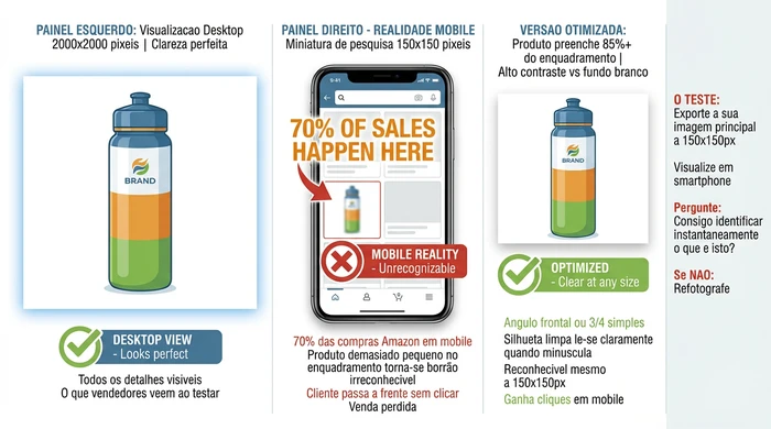 Comparação de otimização de miniatura mobile mostrando como imagem de produto que fica perfeita em visualização desktop completa de 2000x2000 píxeis se torna borrão irreconhecível em tamanho de miniatura de pesquisa mobile de 150x150 píxeis onde ocorrem 70% das vendas Amazon, contrastado com versão otimizada onde produto preenche 85% do enquadramento mantendo silhueta reconhecível clara mesmo em tamanho minúsculo de miniatura, enfatizando importância de testar imagem principal a 150x150 píxeis antes de carregar