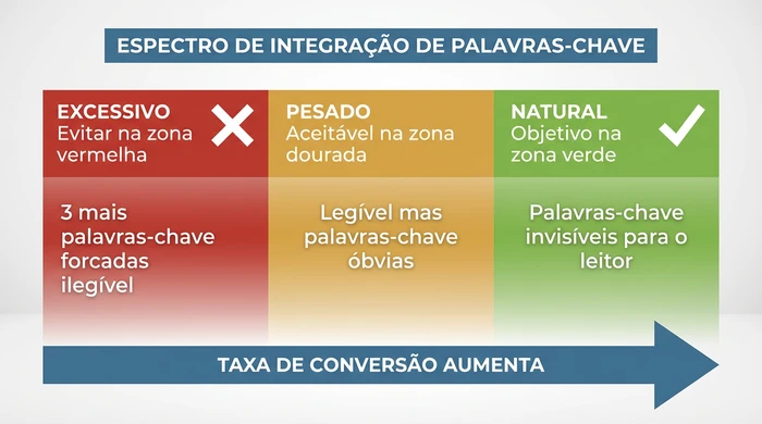 Espectro tipo semáforo mostrando três níveis de integração de palavras-chave nos bullet points da Amazon. A zona vermelha excessiva mostra exemplo ilegível com três ou mais palavras-chave forçadas. A zona dourada pesada mostra colocação aceitável mas óbvia de palavras-chave. A zona verde natural mostra o estado objetivo onde as palavras-chave são invisíveis para o leitor enquanto ainda estão presentes. A seta indica que a taxa de conversão aumenta da integração excessiva para a natural.